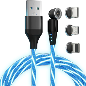  Magnetic LED Cable, 1M, 540° Rotating, 2.4A Colorful Fast Charging 3-in-1 Phone Cable
