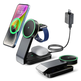 3 in 1 Magnetic Mag-Safe Charging Station - Wireless Travel Foldable Charger Stand Dock with Light for Apple Products