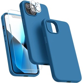 iPhone 13 - 5 in 1 Silicon Case with 2 Screen Protectors + 2 Camera Lens Protectors, Liquid Silicone, Ultra Slim Shockproof, [Microfiber Lining] 6.1 (Blue)